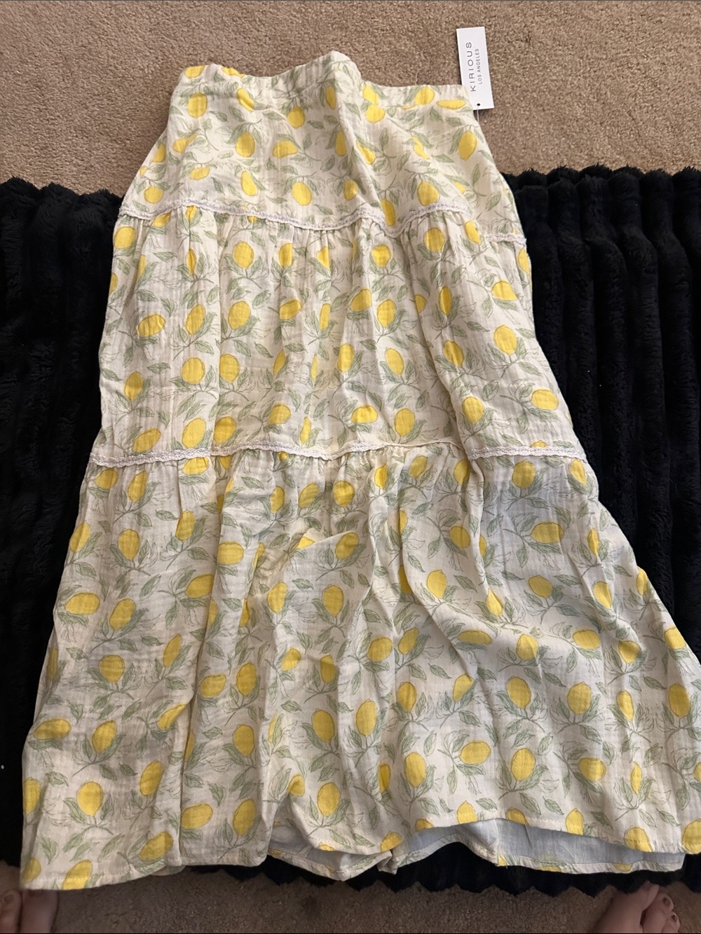 iris Yellow Lemon Print Tiered Dress on Cream Background